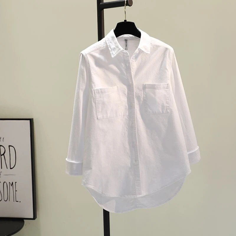 双口袋磨毛加厚白色衬衫女新款韩版宽松休闲衬衣打底衫上衣