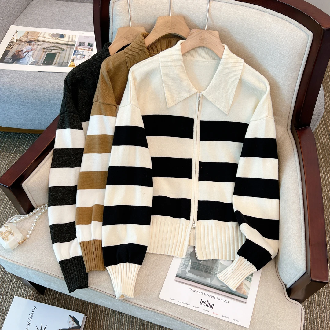 【小曹大码】秋冬条纹拉链针织衫开衫上衣百搭翻领外套-DWDM1087