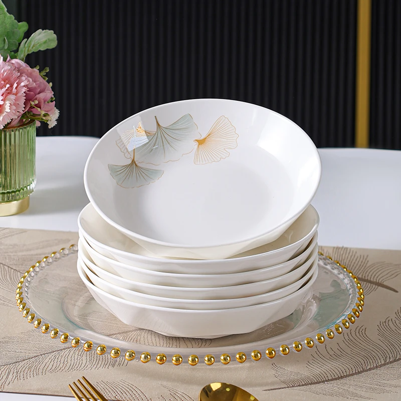 8英寸钻石盘银杏叶系列乔迁新款高温釉上彩陶瓷盘子加厚款