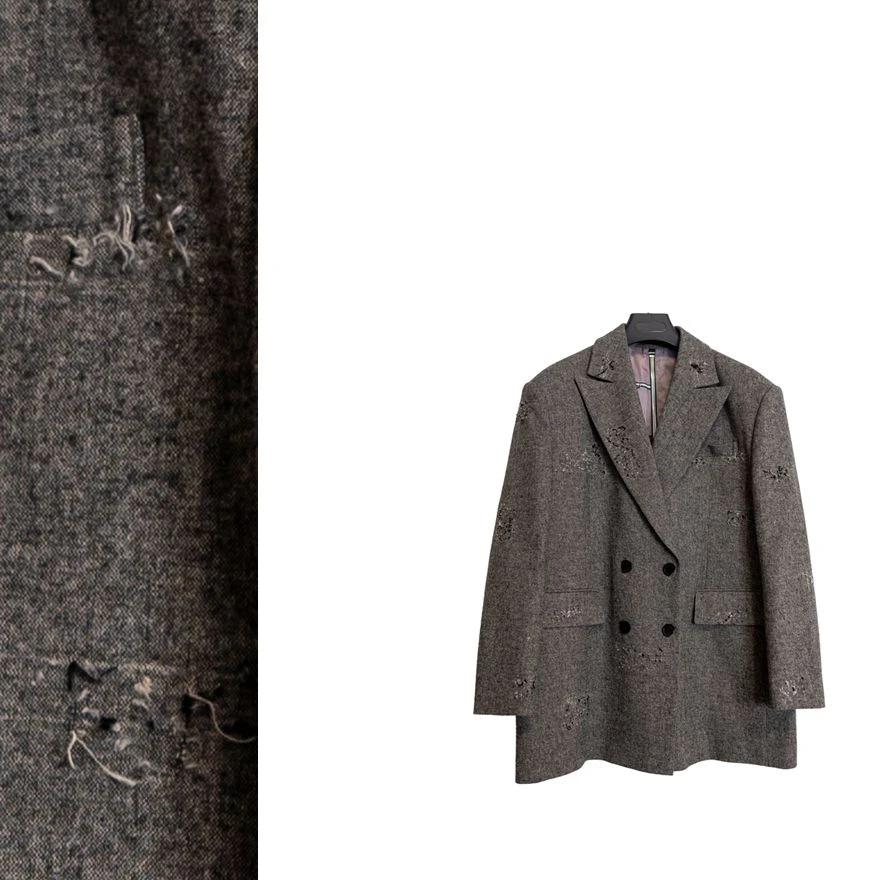 [毛线球]磨损西服外套宽松拉链尤莱特阔形西服复古休闲潮流