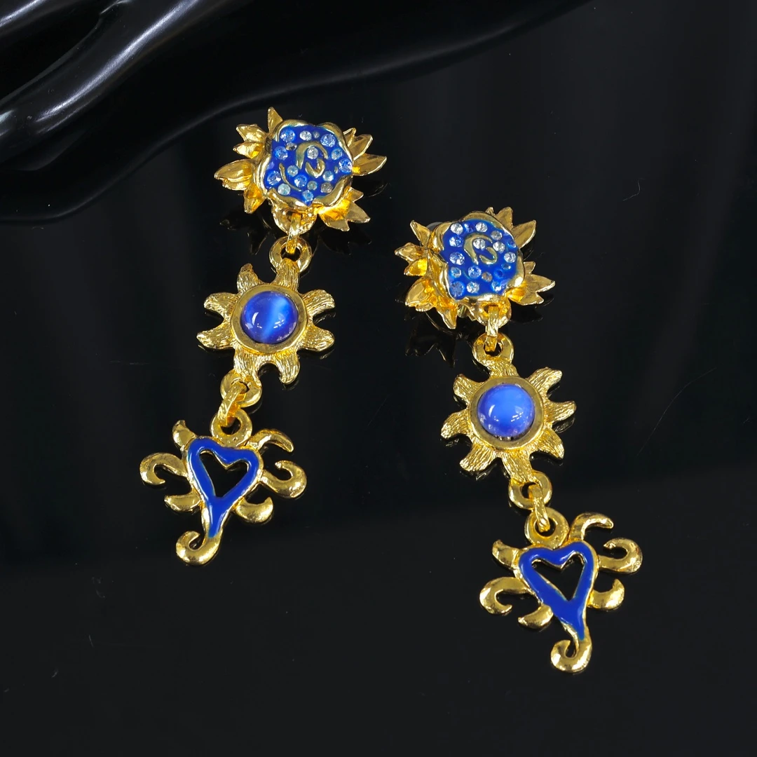合金耳饰 中古女孩vingtage法国蓝色涂层扫肩宫廷风琉璃耳夹