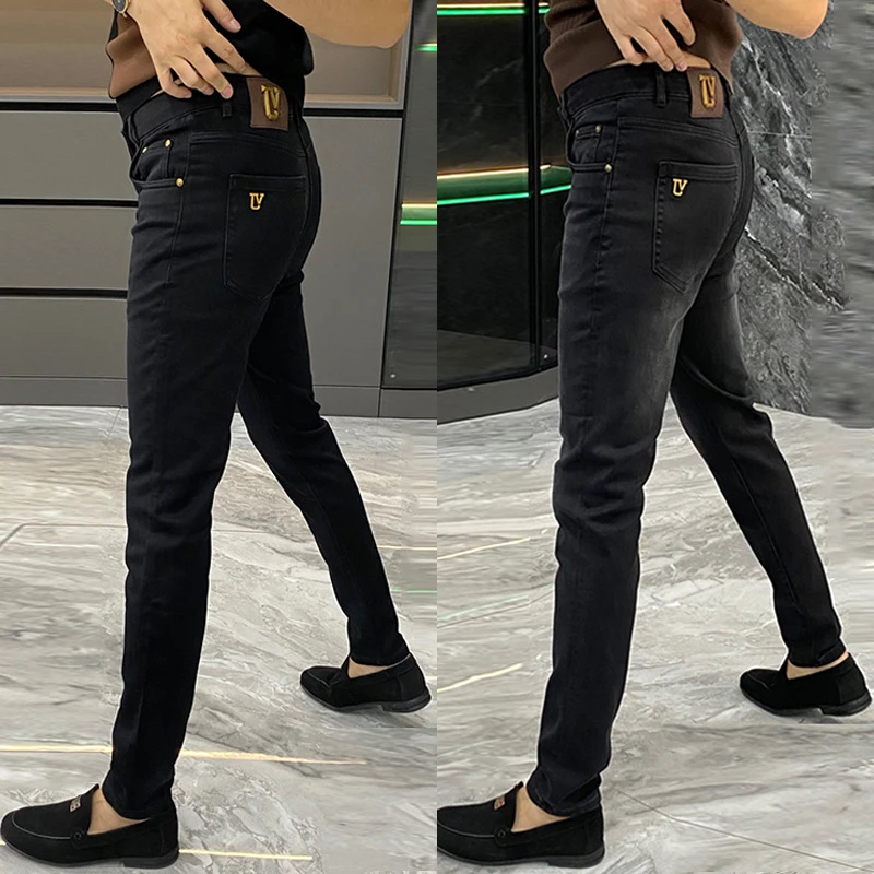 男士牛仔裤2023欧货秋冬修身新款小脚时尚高档弹力韩版休闲长裤潮
