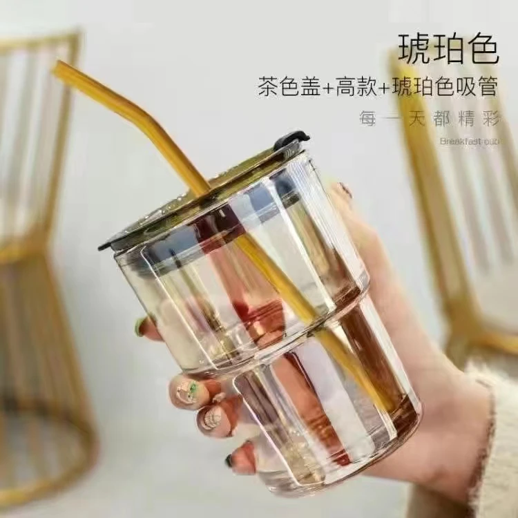 玻璃杯极光杯竹节杯400ml高颜值ins家用电镀水杯牛奶杯吸管咖啡杯