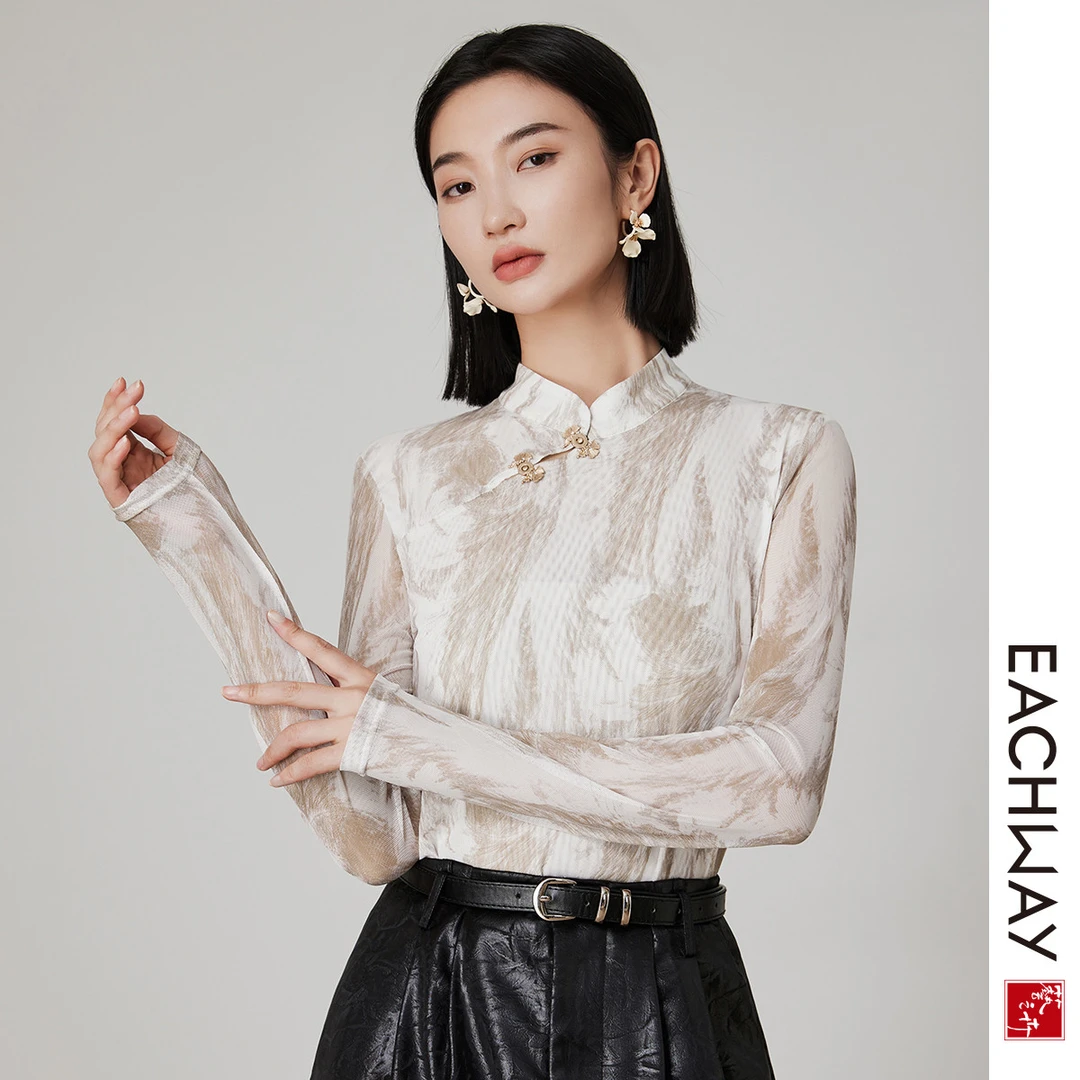 【经典国风立领】水墨印花清新长袖超柔弹力网纱针织小衫1S41D22007