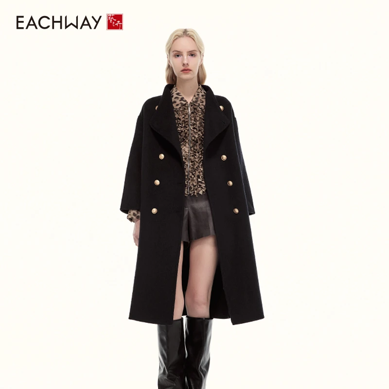 Eachway/艺之卉秋冬新款气质中长款薄墨黑绵羊毛大衣EKT41Y0025