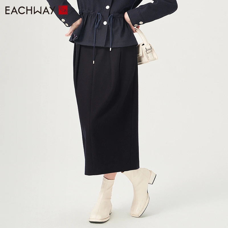 秋冬新品  精纺羊毛呢开衩腰部压褶过膝半身裙ET41A02476