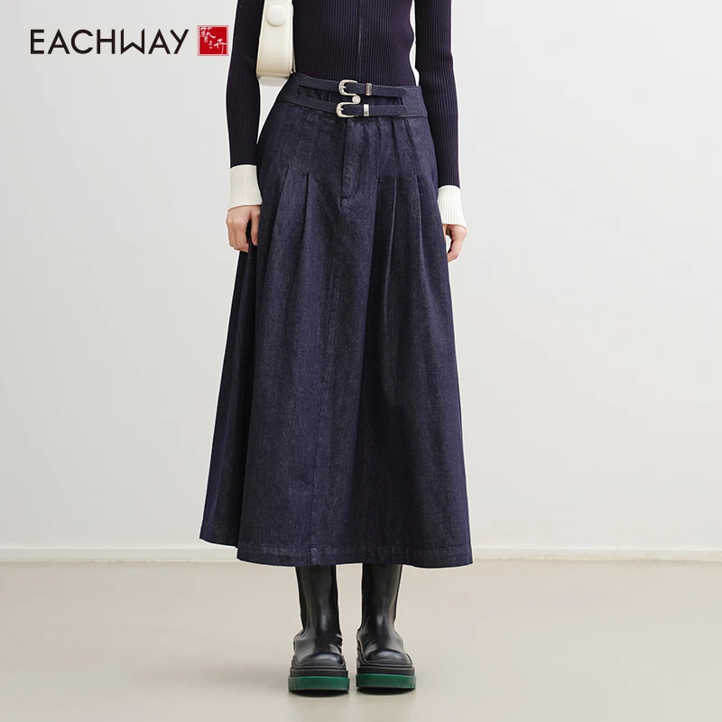 Eachway/艺之卉秋冬新款复古皮扣装饰棉牛仔A摆半身裙EKU31A8639