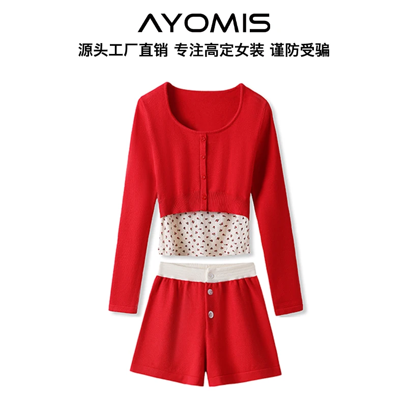 2024新款美式辣妹修身短款红色长袖上衣吊带高腰休闲短裤女 M1546