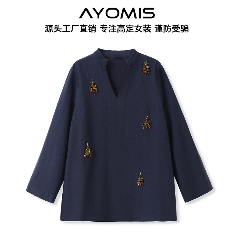 国风气质新中式金色珠花立体装饰上衣亚麻宽松长袖衬衣女 M7098