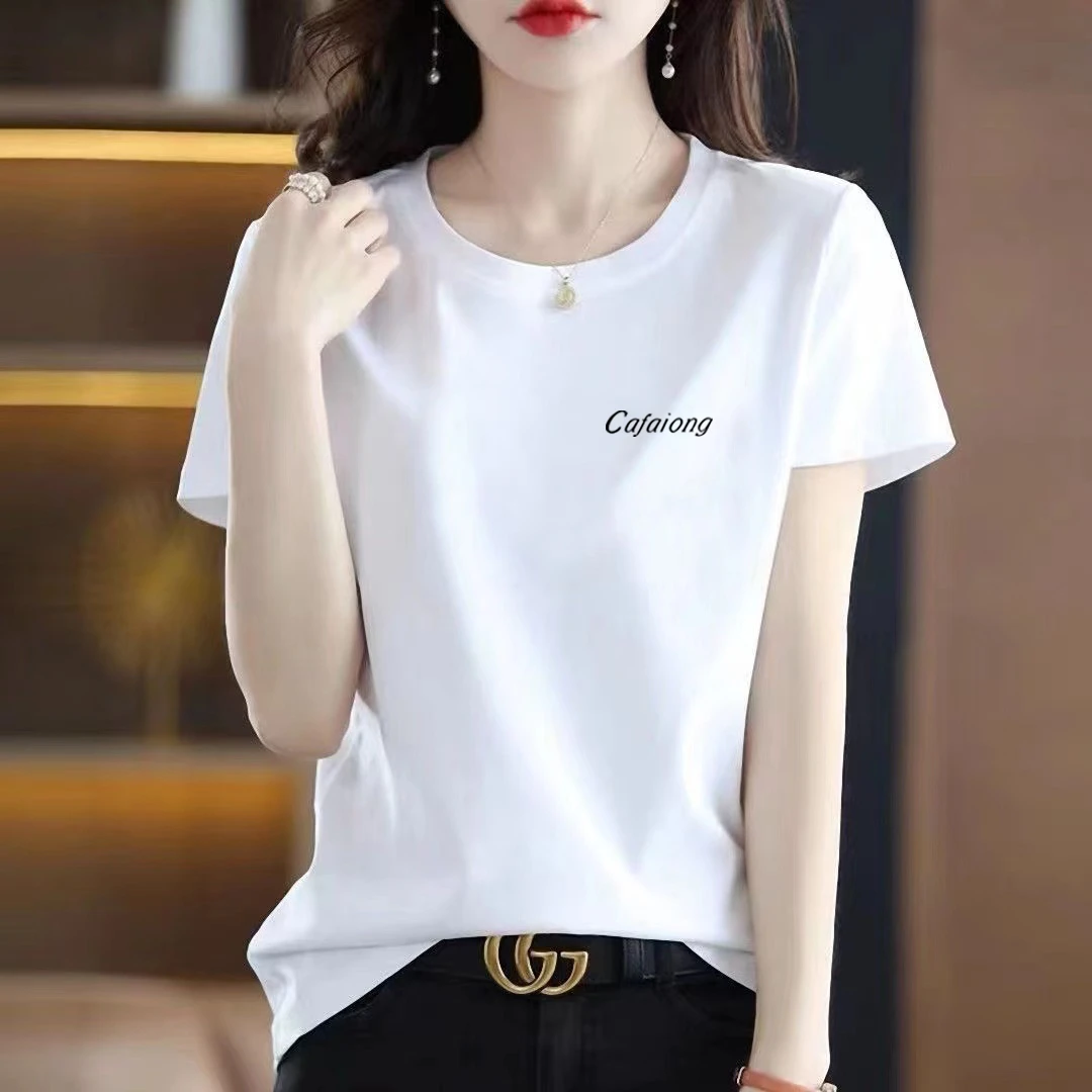 2025夏季新款正肩短袖T恤女时尚简约休闲百搭宽松圆领白色半袖t恤