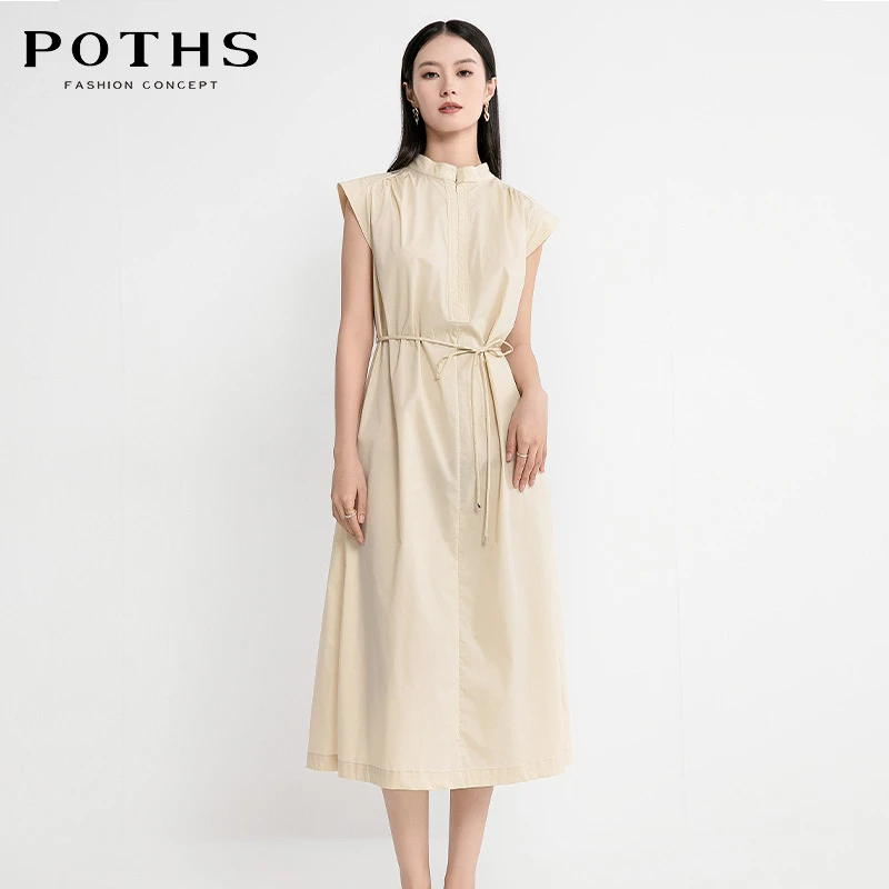 POTHS/铂玺2024夏季新品休闲收腰立领设计感飞飞袖连衣裙84605026