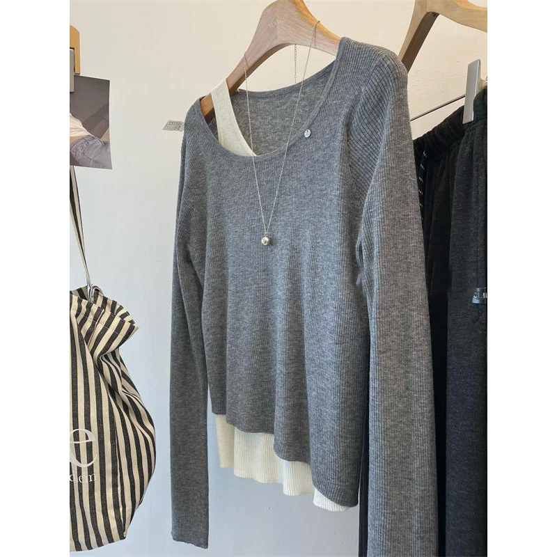 NUMEN BUTTON/灵扣假两件设计感显瘦弹力针织衫毛衣秋季时尚百搭