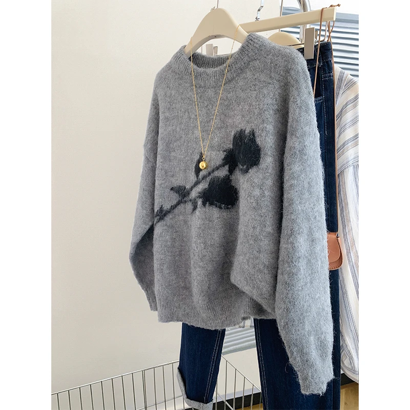 时尚洋气灰色圆领套头针织毛衣女装2025秋冬季高级感宽松内搭外穿