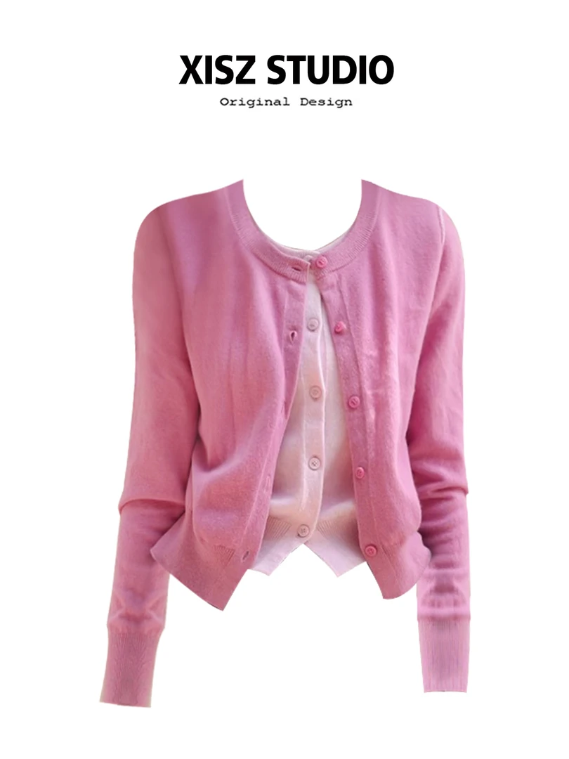 慵懒风撞色假两件针织衫女早秋长袖软糯毛衣开衫法式休闲上衣外套