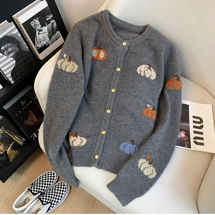 韩系冬季内啡肽穿搭南瓜提花针织衫秋季小个子甜美气质毛衣外套女