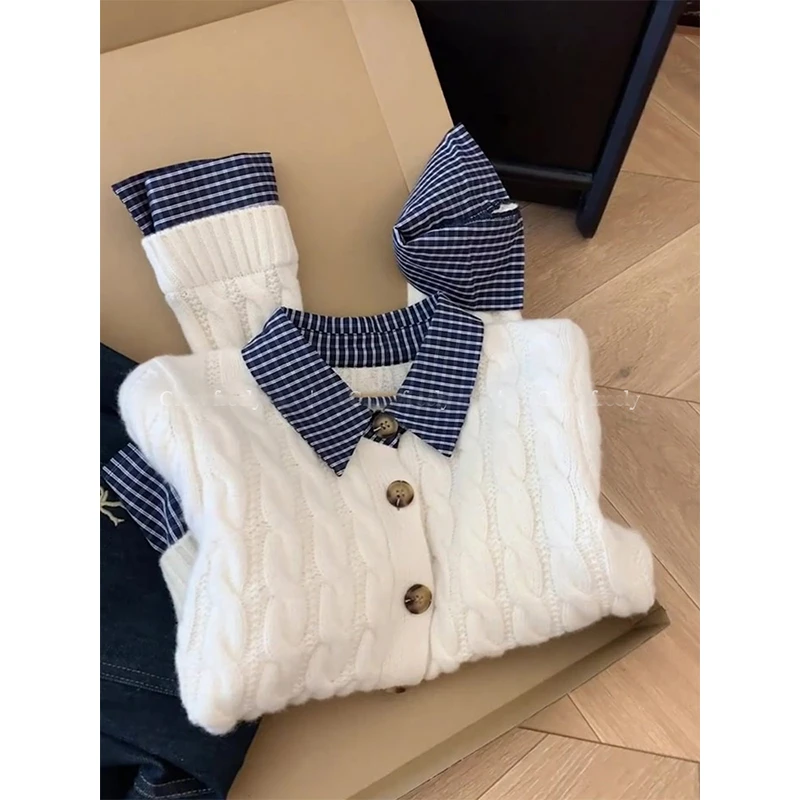 秋季2025穿搭新款女装蓝格衬衫针织衫秋季叠穿小众气质麻花毛衣