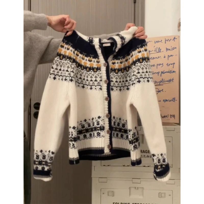 2025秋冬新款费尔岛百搭连帽毛衣宽松外套复古慵懒风撞色针织开衫