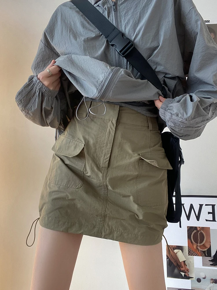 美式工装裙女夏季2025新款时尚短裙高腰百搭抽绳a字半身包臀裙潮