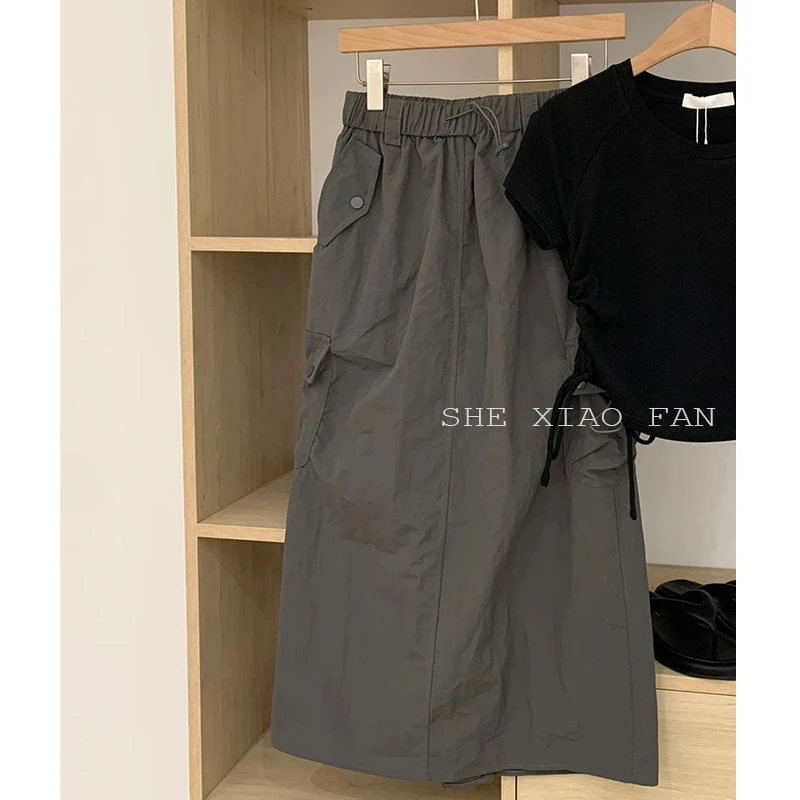 灰色工装半身裙2025年夏季新款显瘦宽松百搭时尚a字裙子速干伞裙