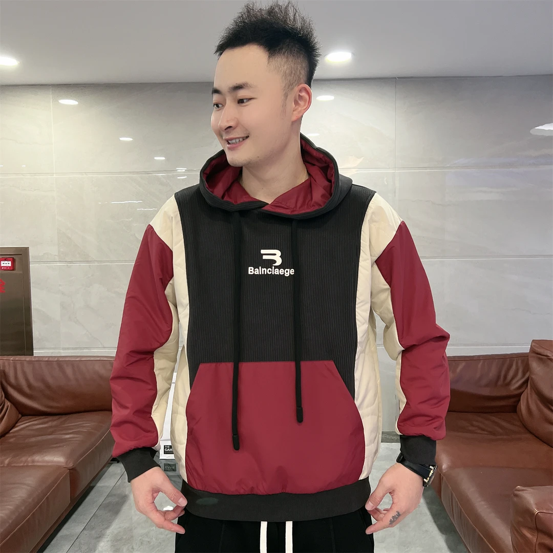大宝男装早冬新款加绒字母连帽棉服卫衣男洋气百搭拼色设计91895