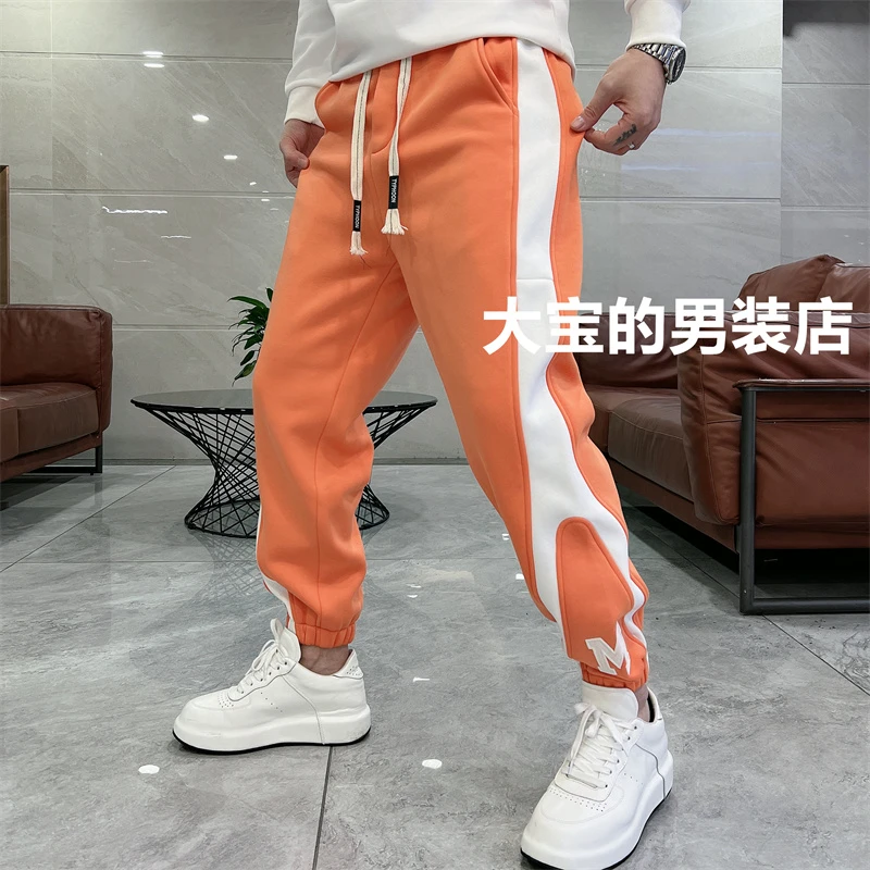 【大宝男装】冬季新款加绒卫裤拼色刺绣字母休闲百搭情侣款1201