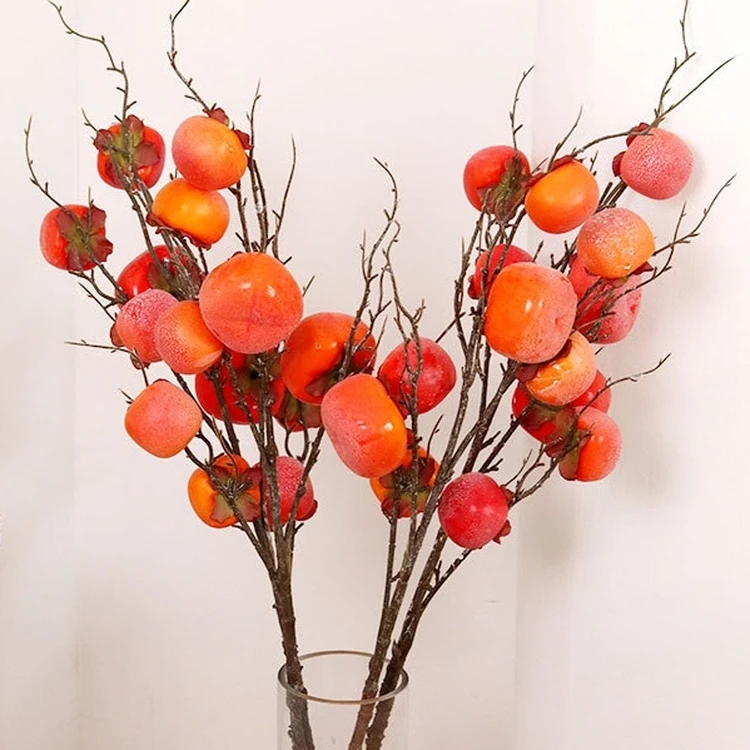 仿真花柿子假花 7头柿子枝带霜假柿子树婚庆摄影中式仿真水果植物