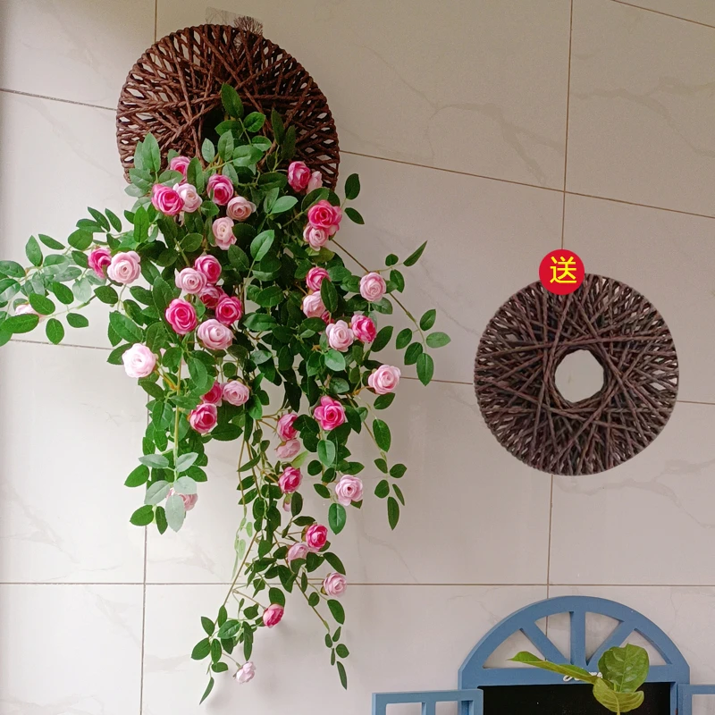 【送飞盘】维多利亚玫瑰吊兰室内造型遮挡阳台装饰仿真花壁挂花假花