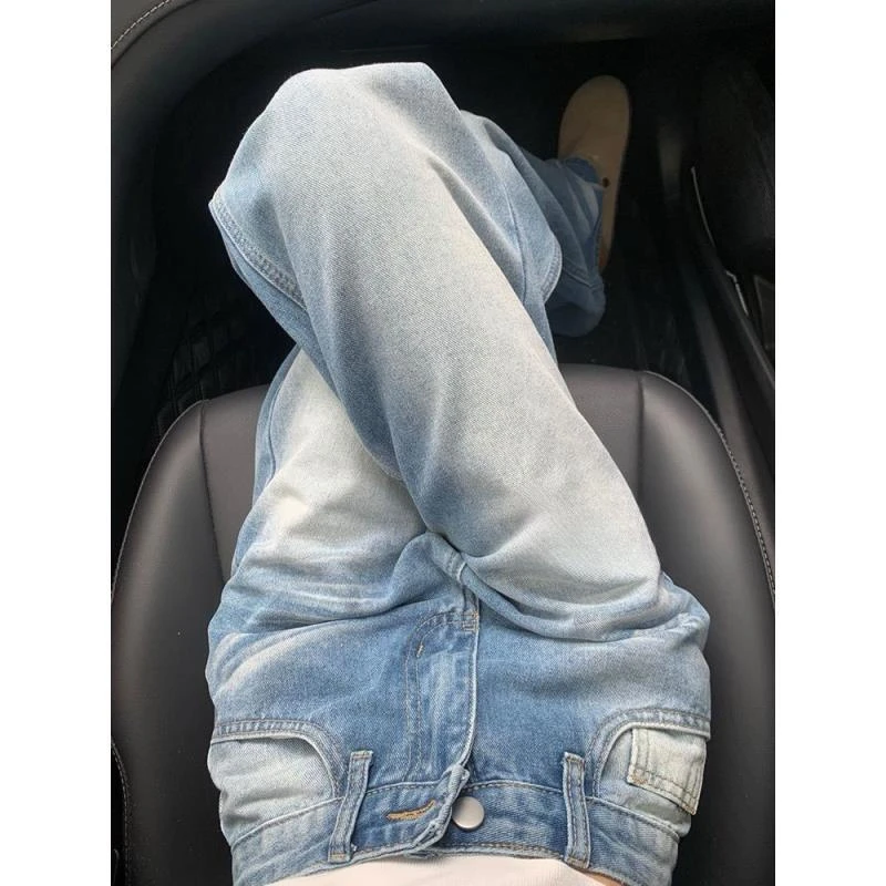 美式复古水洗做旧牛仔阔腿裤女夏季小个子垂感高腰直筒拖地长裤子