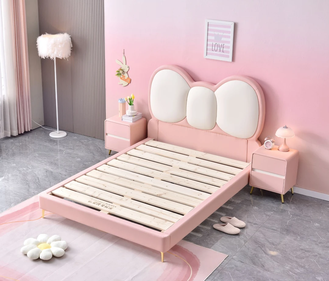 6038卡通公主床通用意式极简皮床落地床现代主儿童床简约极简小孩