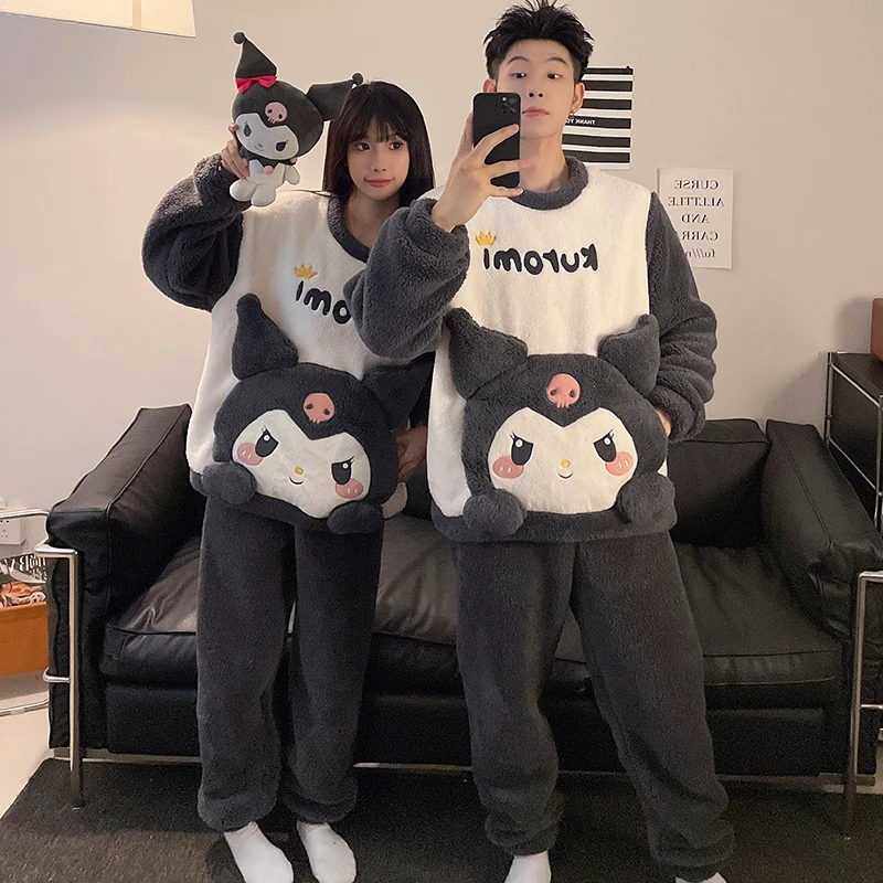 2024冬季新款情侣卡通可爱库洛米睡衣套装长毛绒加厚男女两件套冬
