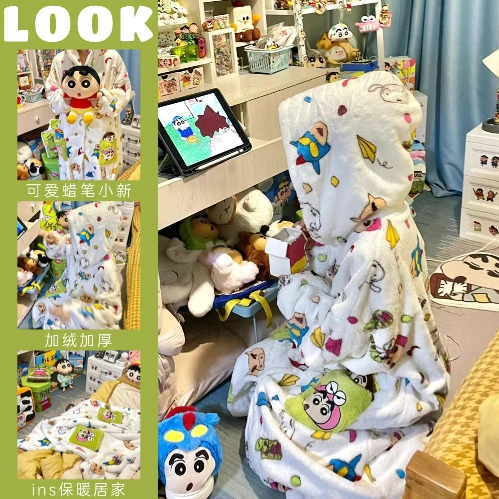 蜡笔小新卡通秋冬季法兰绒连帽睡袍加绒加厚保暖网红大码情侣睡袍