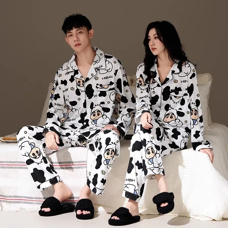 奶牛蜡笔小新情侣装睡衣春秋季薄款长袖卡通开衫大码男女士家居服