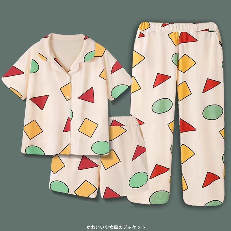 蜡笔小新情侣睡衣套装春夏季三件套开衫卡通大码男女士春秋家居服