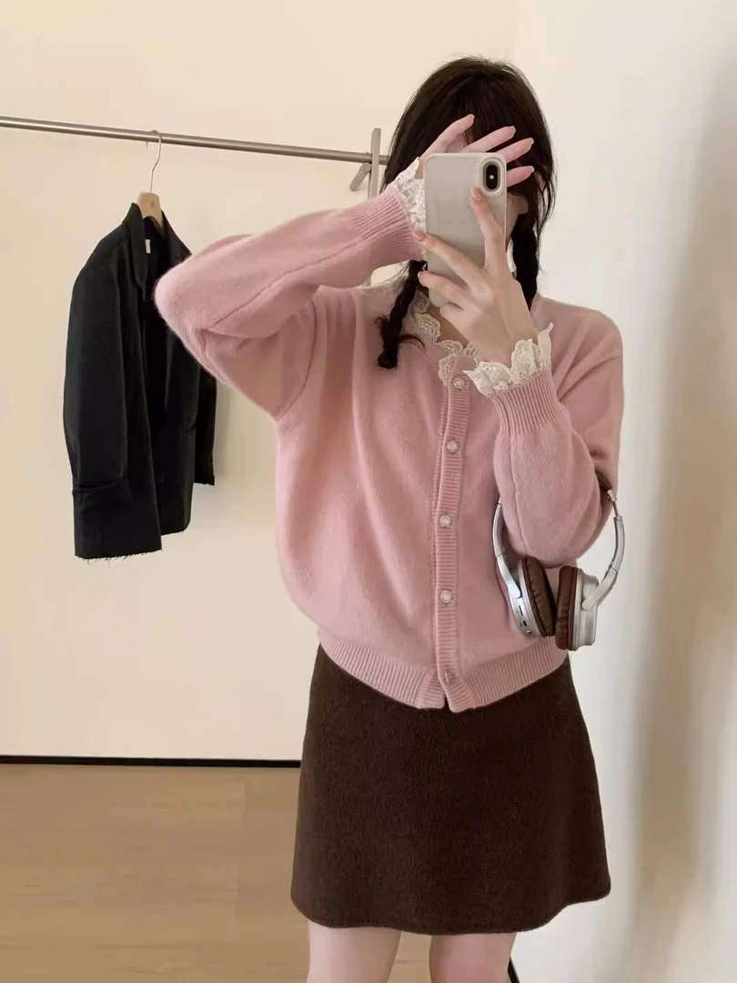 韩国东大门100%羊毛蕾丝针织开衫秋冬新款温柔全羊毛外套不可机洗