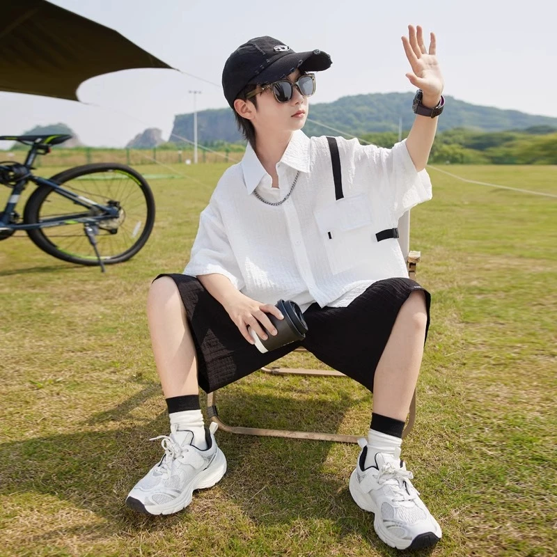 男童夏装套装2025新款儿童夏季薄款短袖衬衫两件套中大童夏款洋气