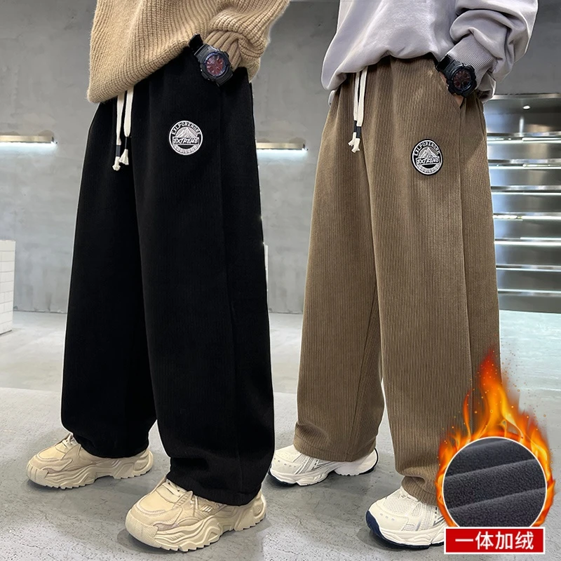 男童加绒裤子秋冬款2024新款儿童装男孩冬装休闲裤冬季中大童卫裤