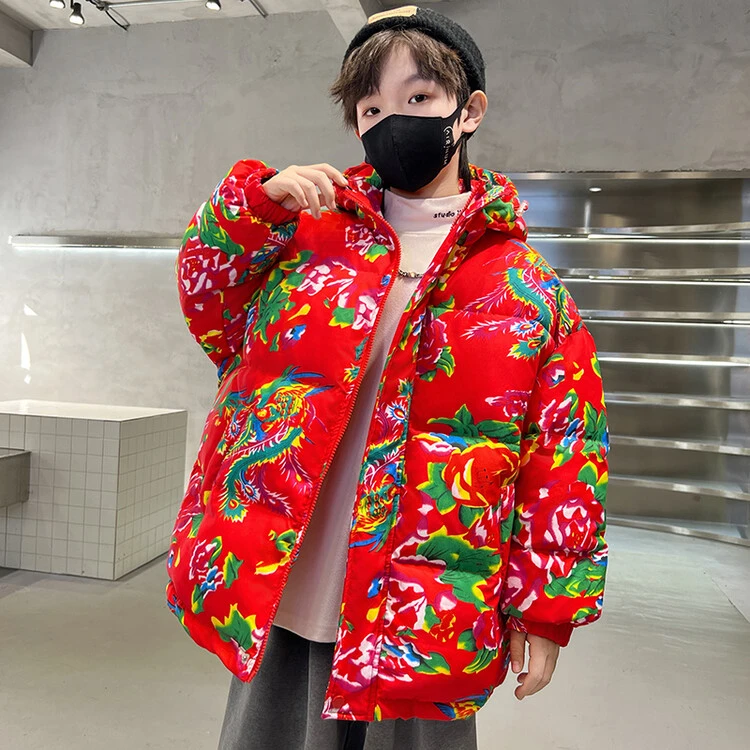 男童冬装夹棉东北大花棉袄2025新款儿童冬款加厚棉衣外套大童冬季