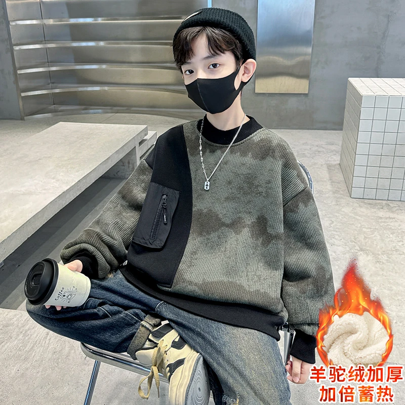 男童冬装加绒卫衣2025新款儿童装冬季男孩中大童秋冬款加厚上衣潮