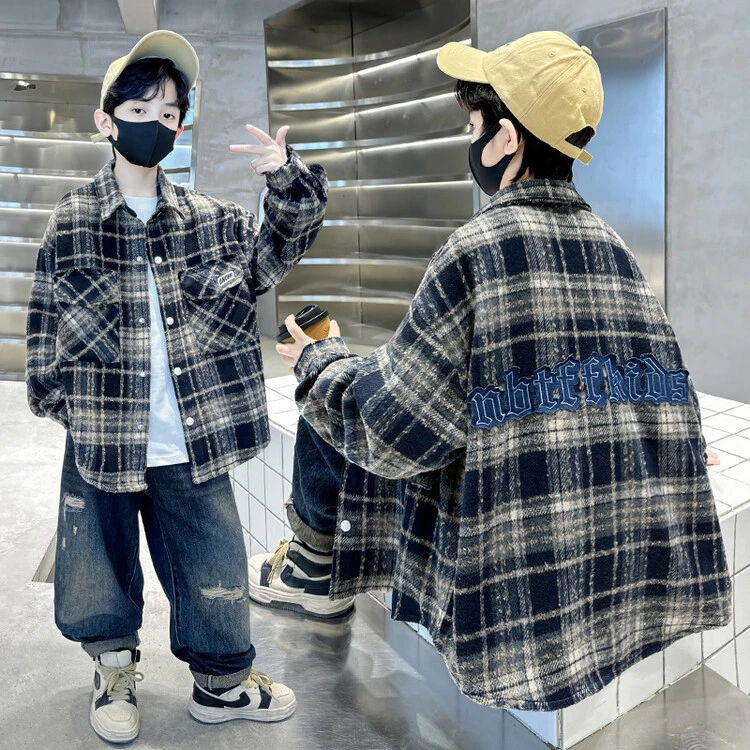 男童秋冬款长袖格子加绒衬衫外套2025新款中大童儿童装冬季上衣潮