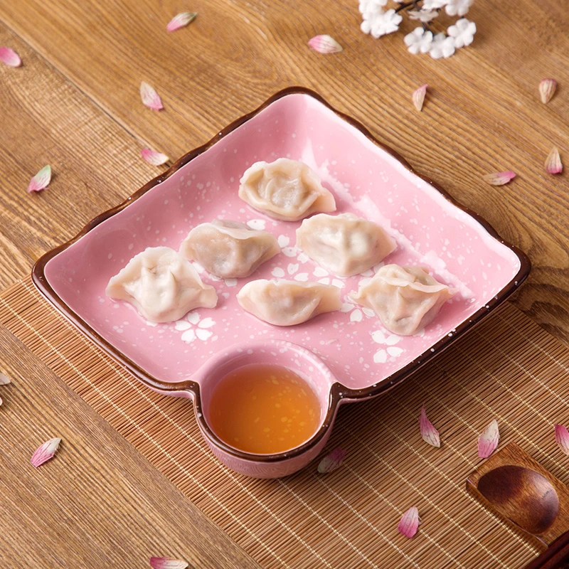 居家家大号饺子盘带醋碟家用方形水饺盘子托盘陶瓷分格碟日式餐具