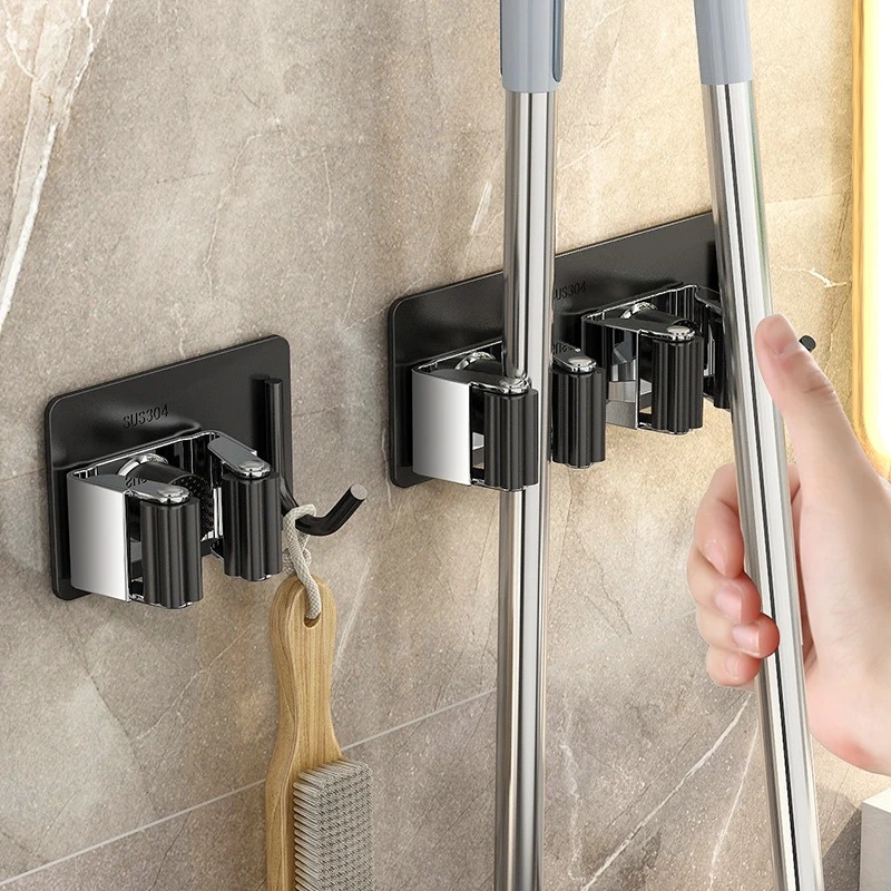 居家家免打孔拖把夹不锈钢拖把架浴室挂钩卫生间扫把马桶刷收纳夹