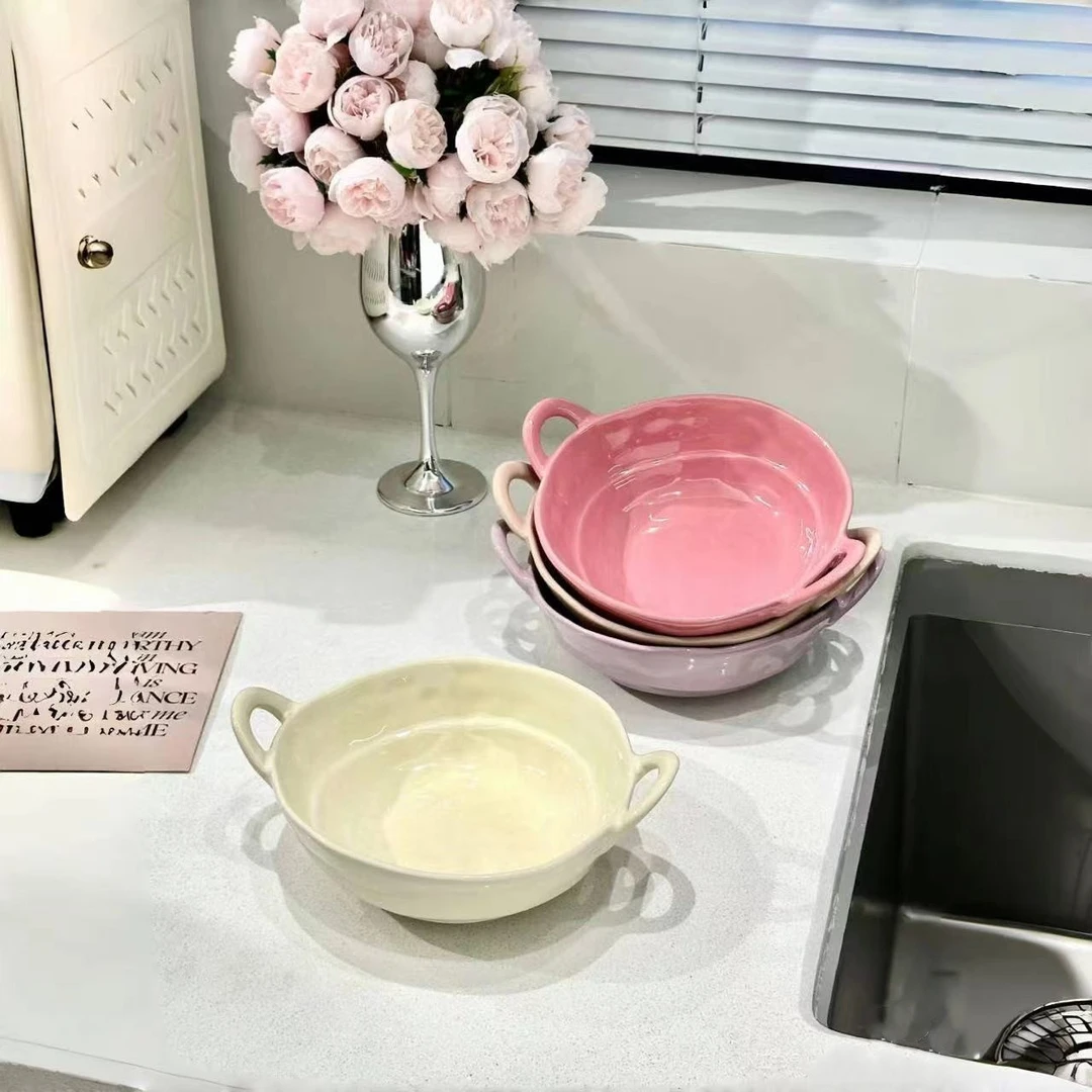 多巴胺色双耳碗家用酸奶沙拉水果碗陶瓷餐具盘子汤碗螺蛳粉泡面碗
