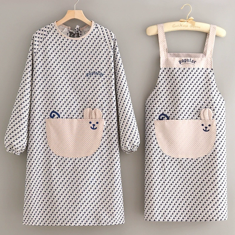 帆布围裙长袖家用厨房防污透气做饭罩衣女卡通耐磨工作服成人围裙