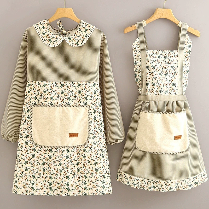 帆布围裙长袖罩衣女大人家用厨房做饭围腰透气防污耐磨工作服围裙