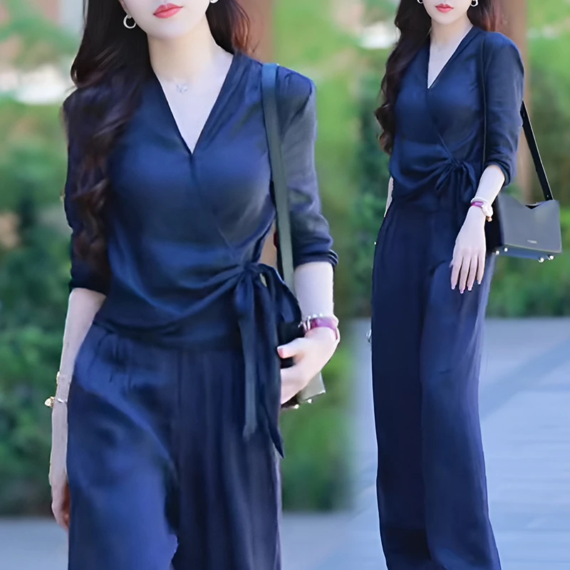 时尚套装女2025夏装气质时尚休闲蓝色减龄系带衬衫阔腿裤两件套潮