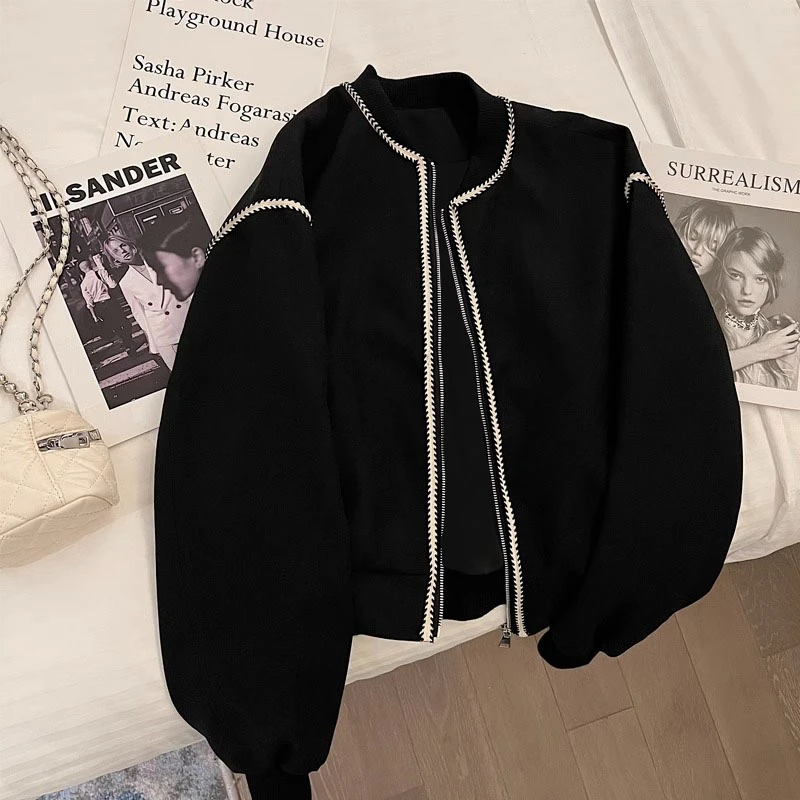 大码胖妹妹小香风外套女秋冬宽松运动飞行员工装夹克黑色棒球服