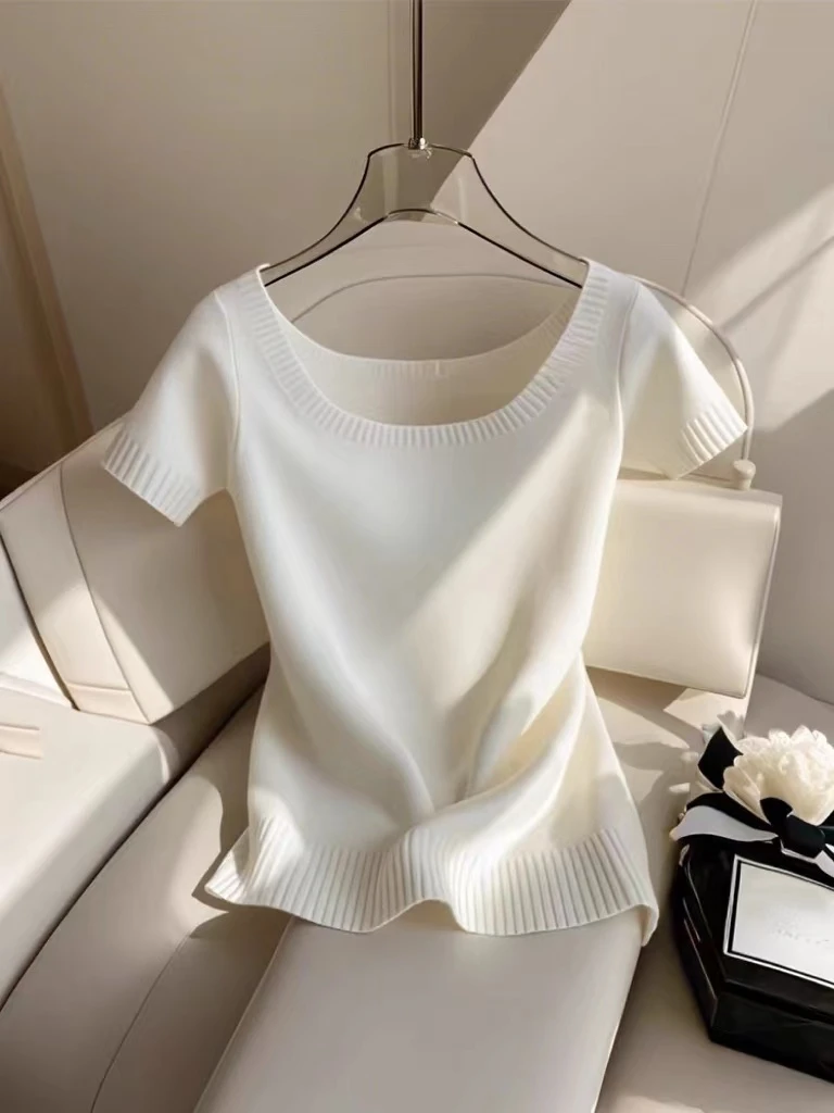 早秋独特别致超好看针织衫女设计感小众白色短袖t恤绝美锁骨上衣