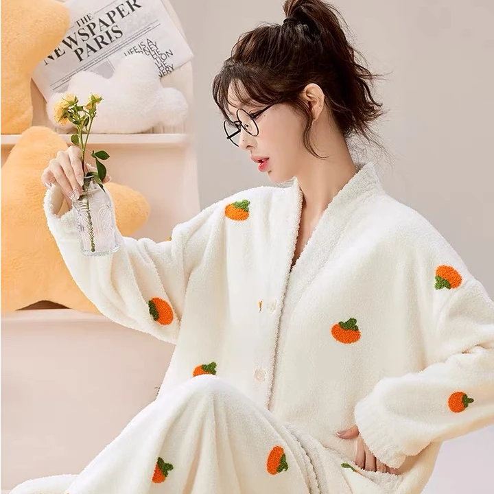 【柿柿如意】2024冬季睡衣女半边绒加厚保暖可爱家居服套装