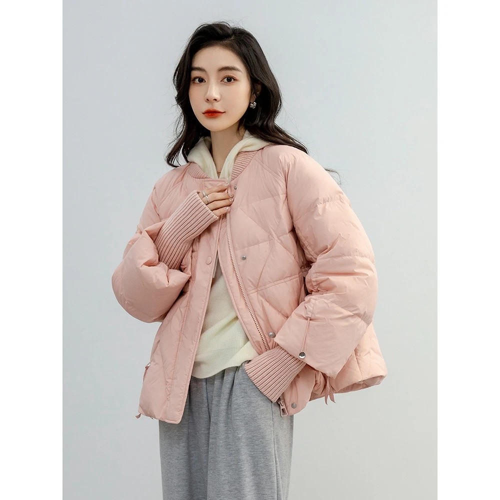 羽绒服2024新款保暖外套白鸭绒高端女款年冬季上新针织袖拼接棒球