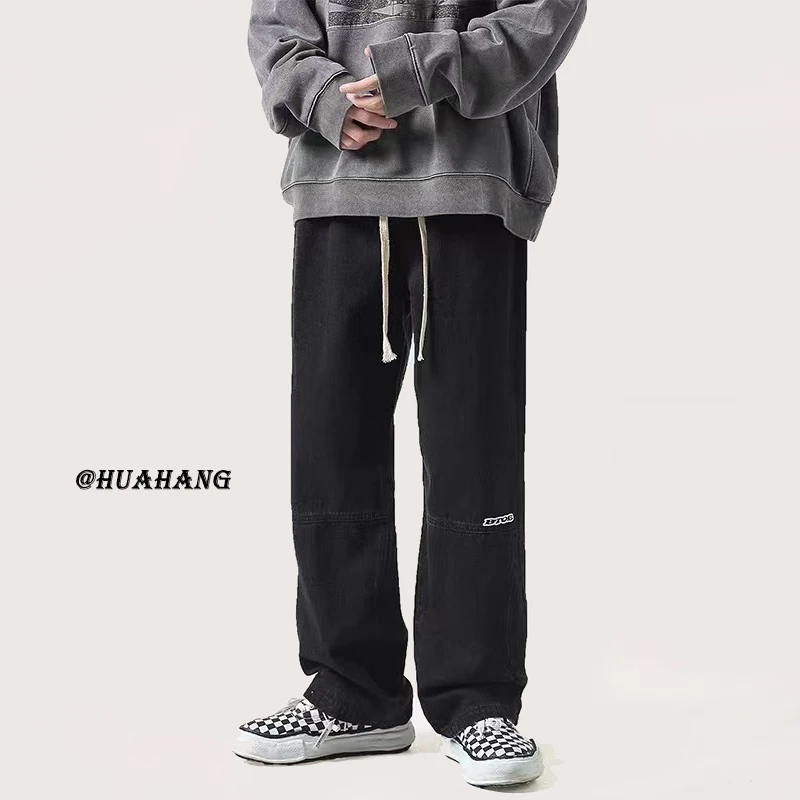 加绒加厚裤子高街ins潮牌水洗做旧牛仔裤男直筒美式复古蓝工装裤